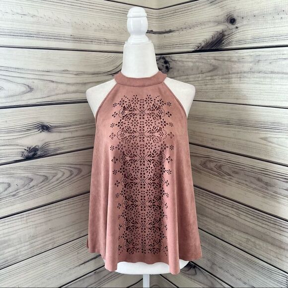 Clover + Scout Peach Pink Cutout Detail High Neck Suede Tank Top - Picture 1 of 5